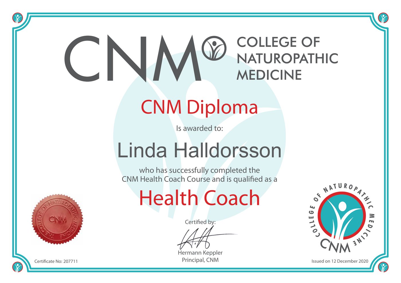 CNM Diploma certificate awarded to Linda Halldorsson, qualified as a Health Coach